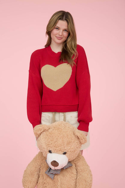 HEART JACQUARD CREW NECK KNIT PULLOVER SWEATER