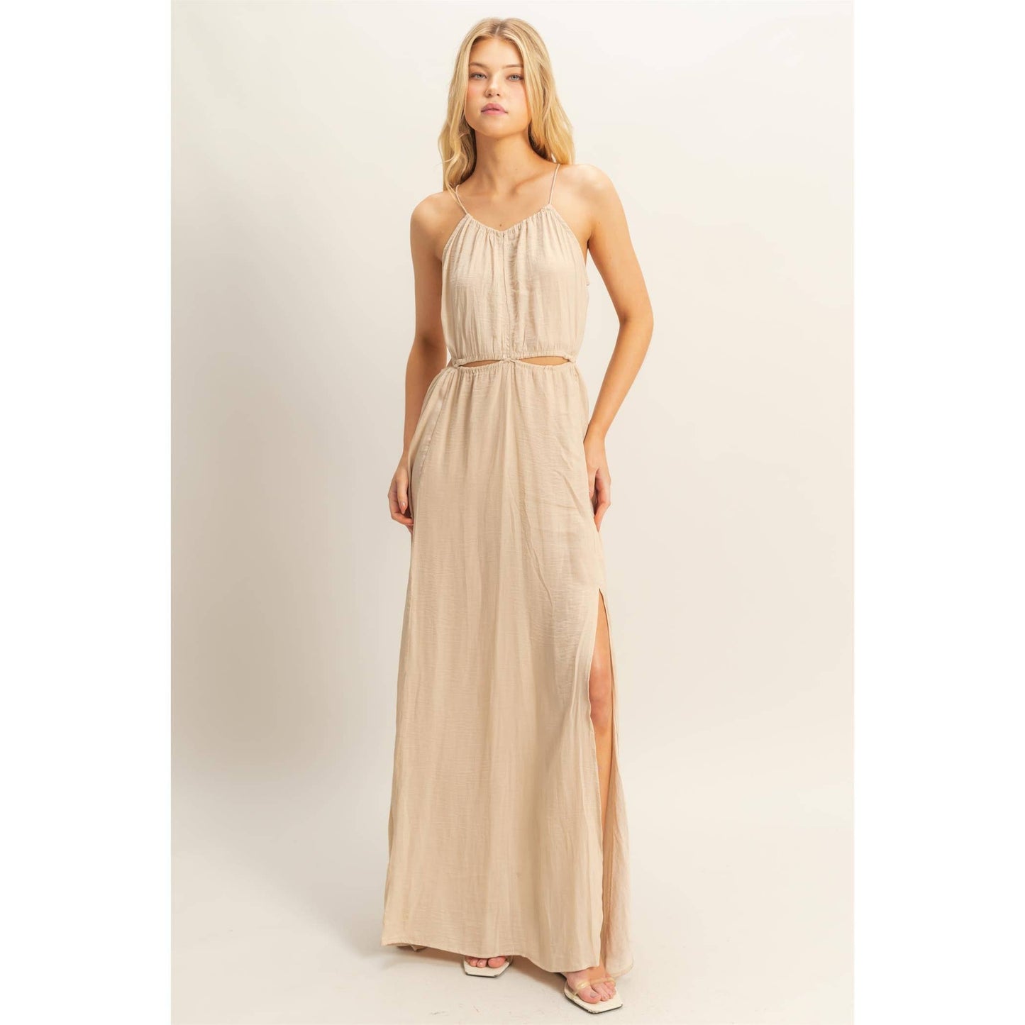 HF25E129-Side Cutout Side Slit Maxi Dress