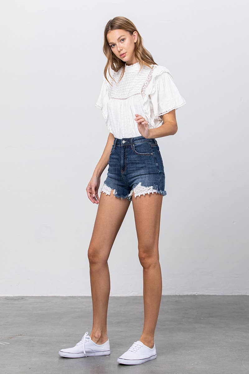 High Rise Stretch Frayed Hem Lace Line Trim Denim Shorts