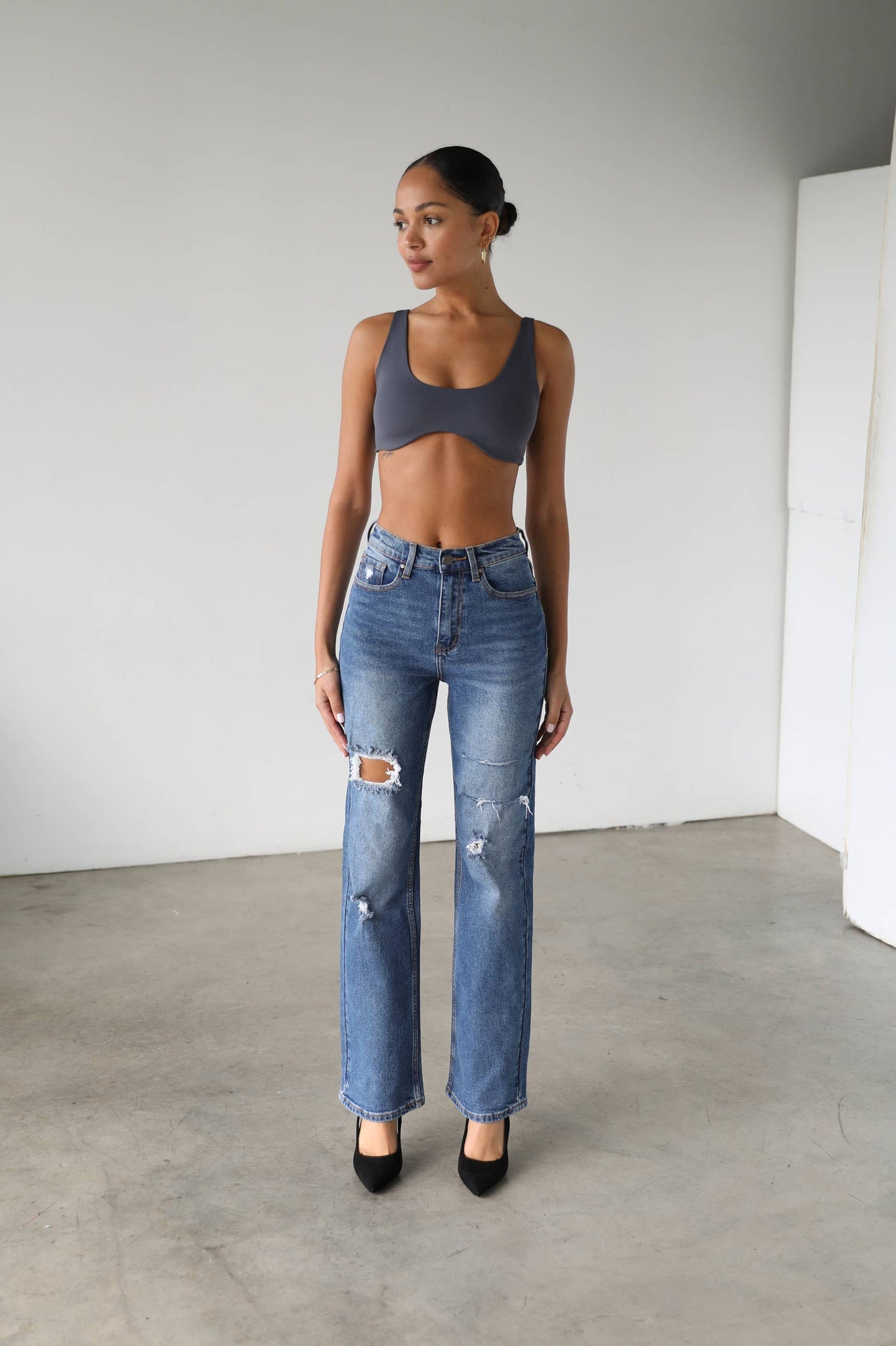 High Rise Straight Leg Denim Jeans - Dark- 7106