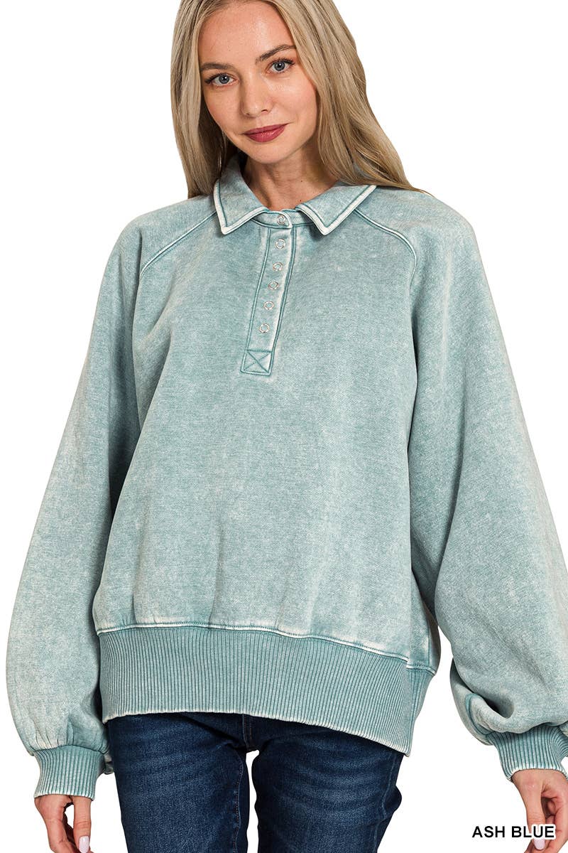 Washed Fleece Button Up Collared Pullover