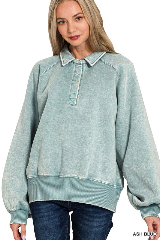 Washed Fleece Button Up Collared Pullover