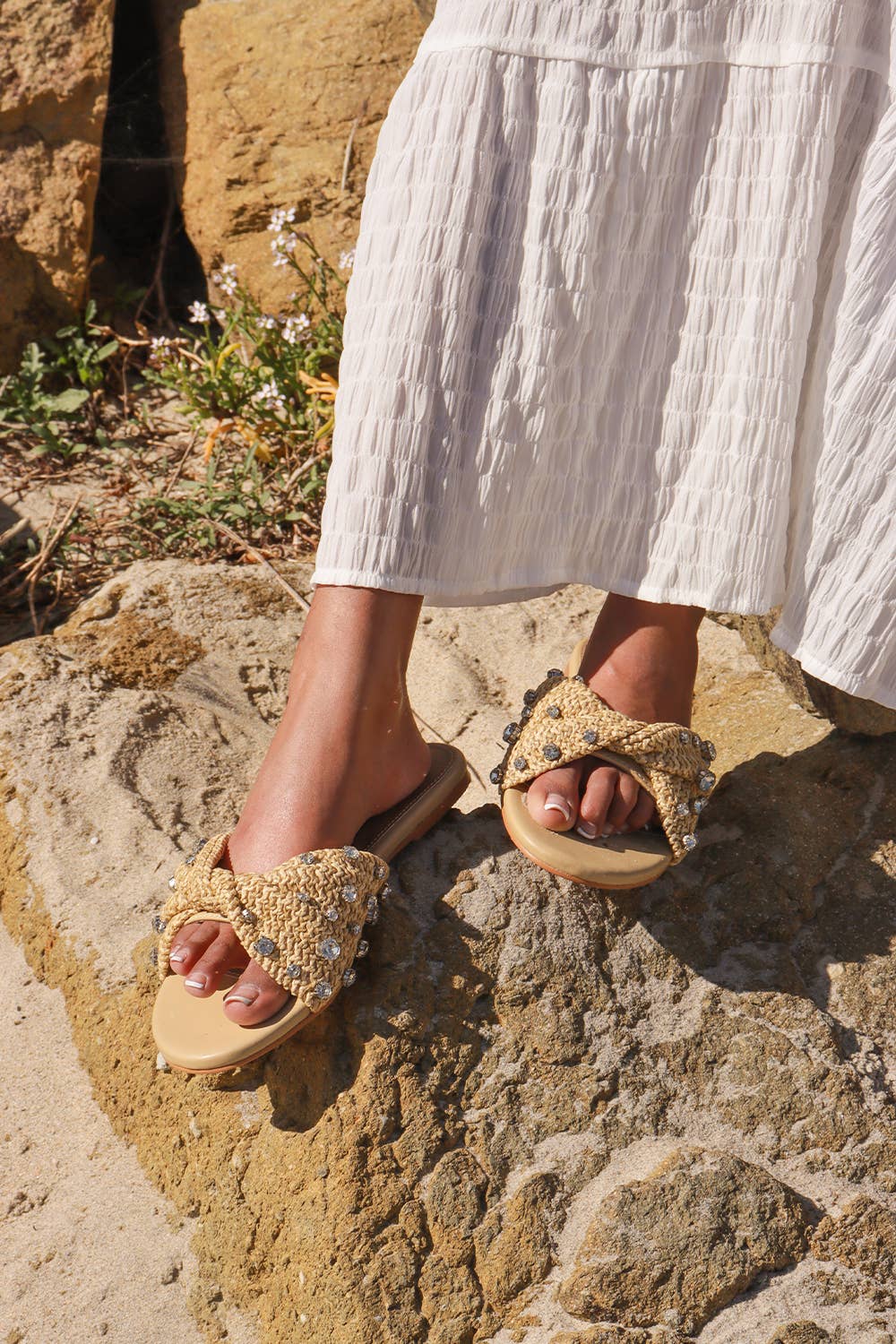 MAYLEEN - Raffia Beaded Slide Sandals, Mediterranean Style