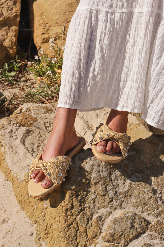MAYLEEN - Raffia Beaded Slide Sandals, Mediterranean Style