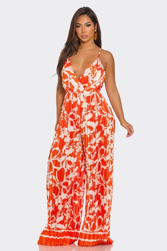 BCCJ71690  Suspender Print Pleated Jumpsuit