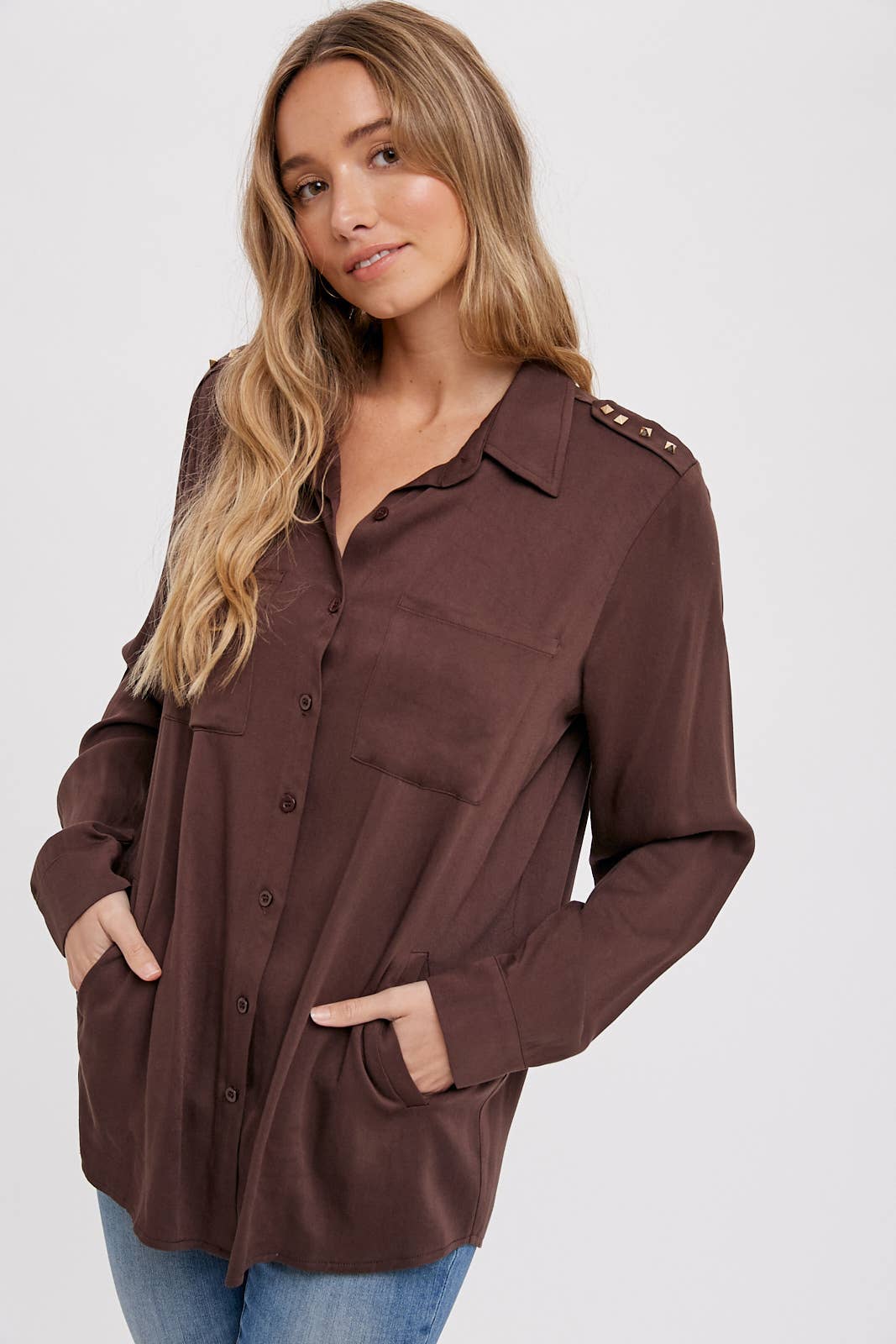 STUDDED EPAULETTE BUTTON UP SHIRT
