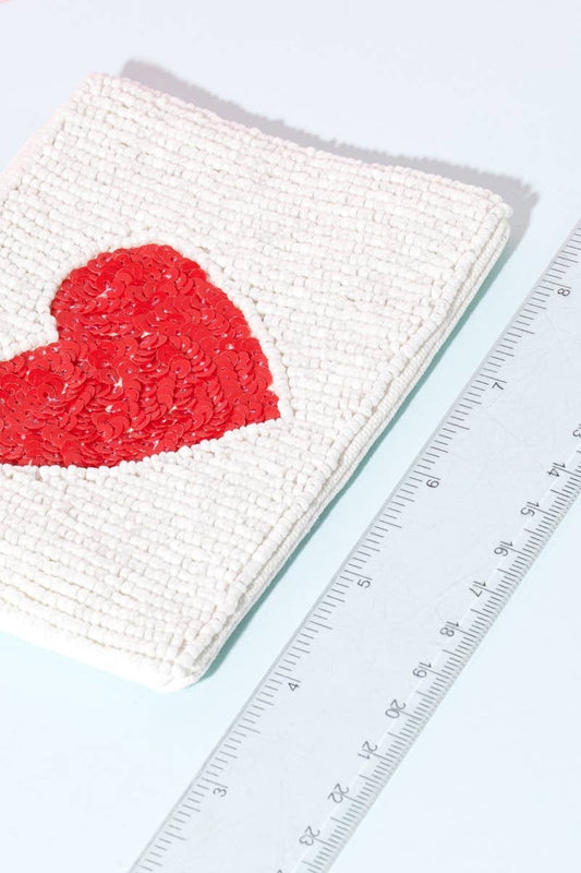 Red Heart White Beaded Coin Purse