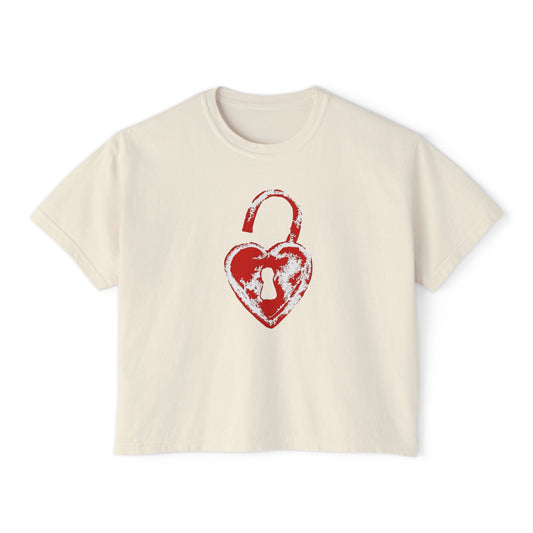 Heart Lock Boxy Tee — Vintage Red Padlock Graphic Women's Crop Top
