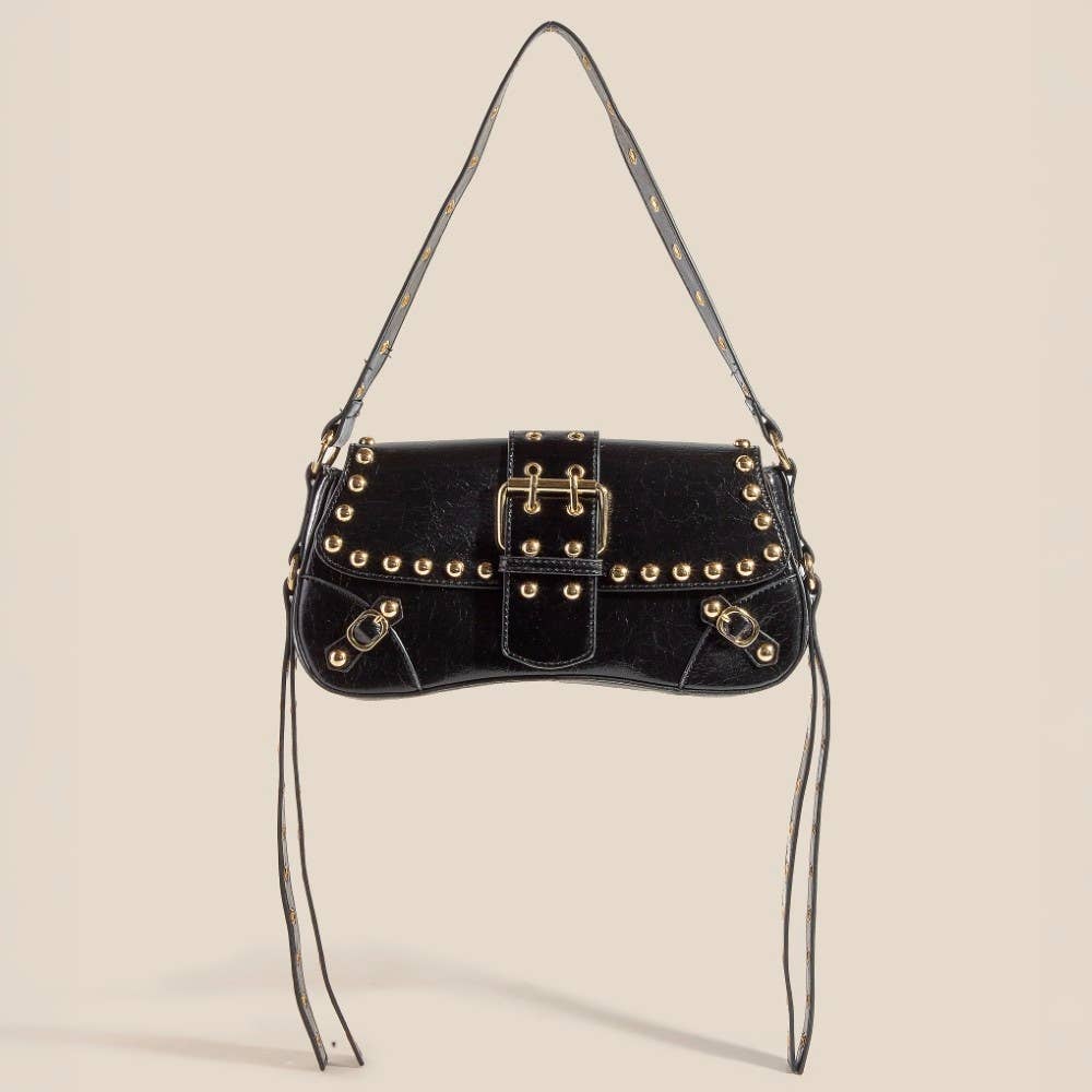 Glossy Leather Rivet Trim Shoulder Bag