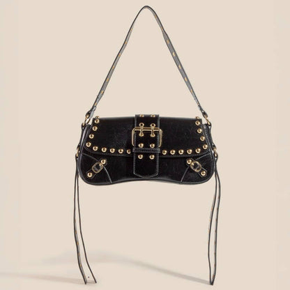 Glossy Leather Rivet Trim Shoulder Bag