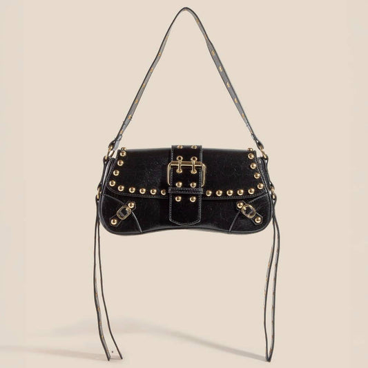 Glossy Leather Rivet Trim Shoulder Bag