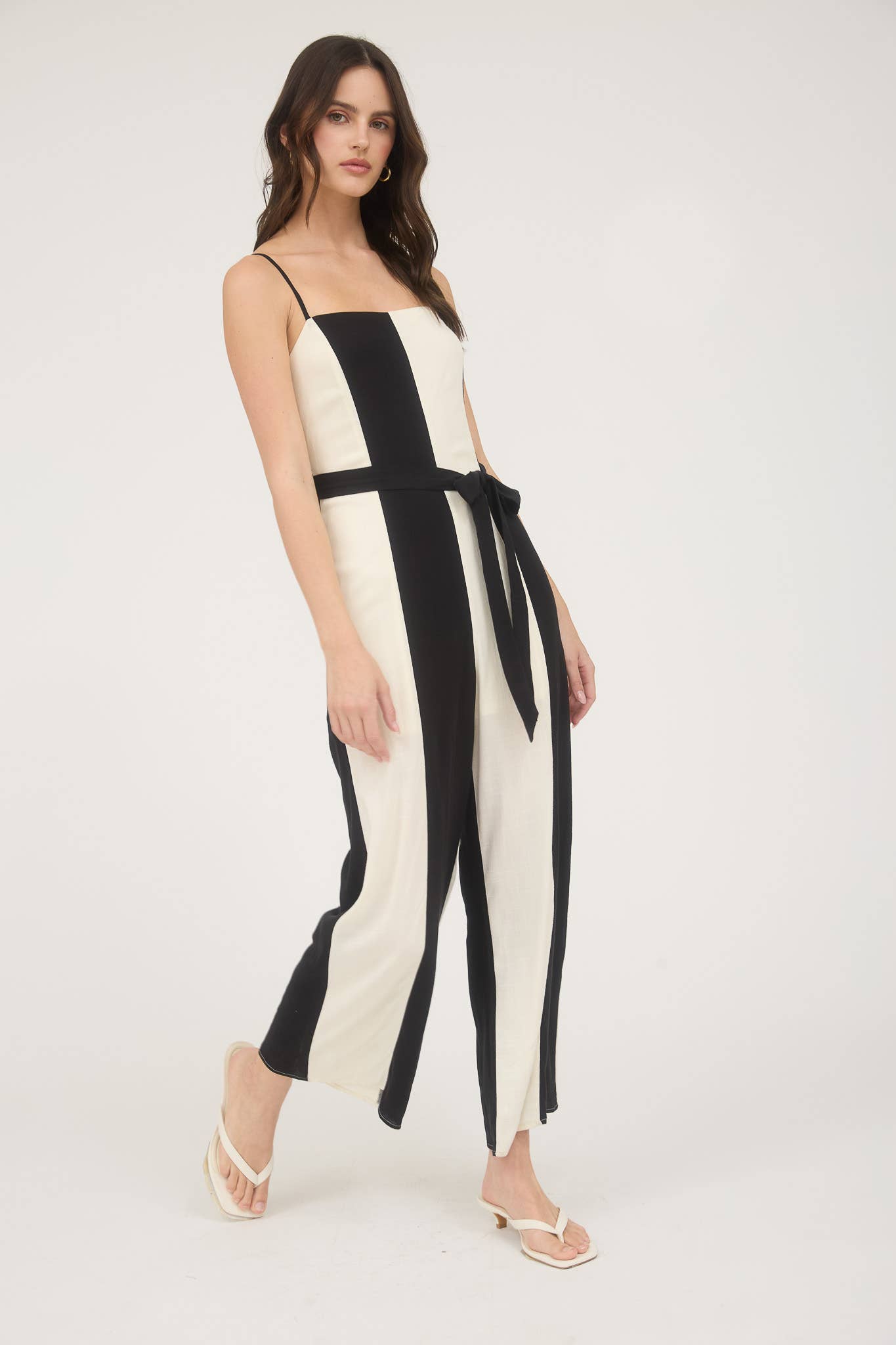 WIDE STRIPE SPAGHETTI STRAP BELTED JUMPSUIT