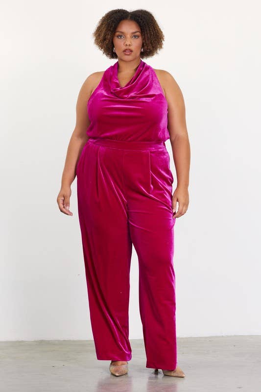 Plus Size Velvet Cowl Neck Jumpsuit