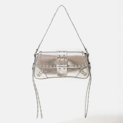 Glossy Faux Leather Rivet Trim Shoulder Bag