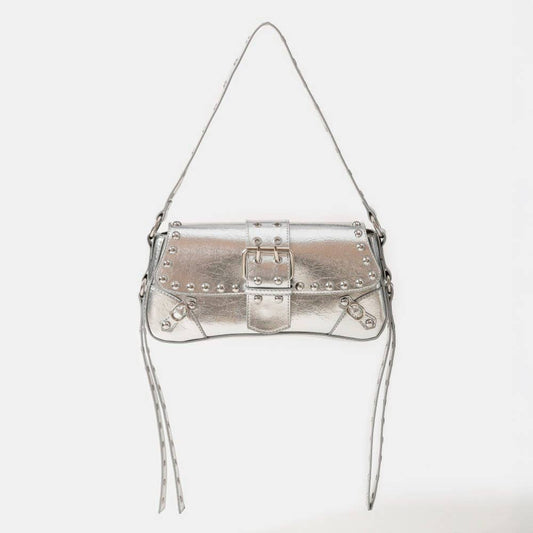 Glossy Faux Leather Rivet Trim Shoulder Bag