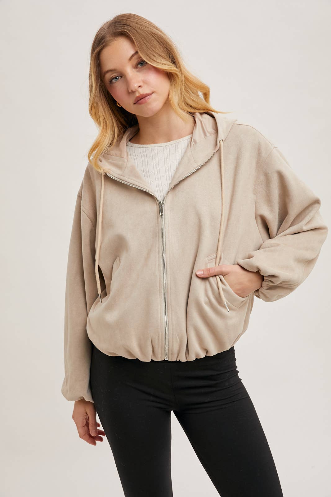 FAUX SUEDE HOODED CROP JACKET WITH ZIPPER