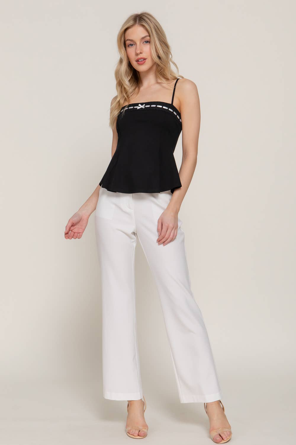Straight Neckline with Lace Bow Ponte Cami Top
