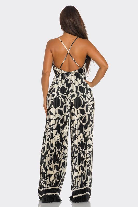 BCCJ71690  Suspender Print Pleated Jumpsuit