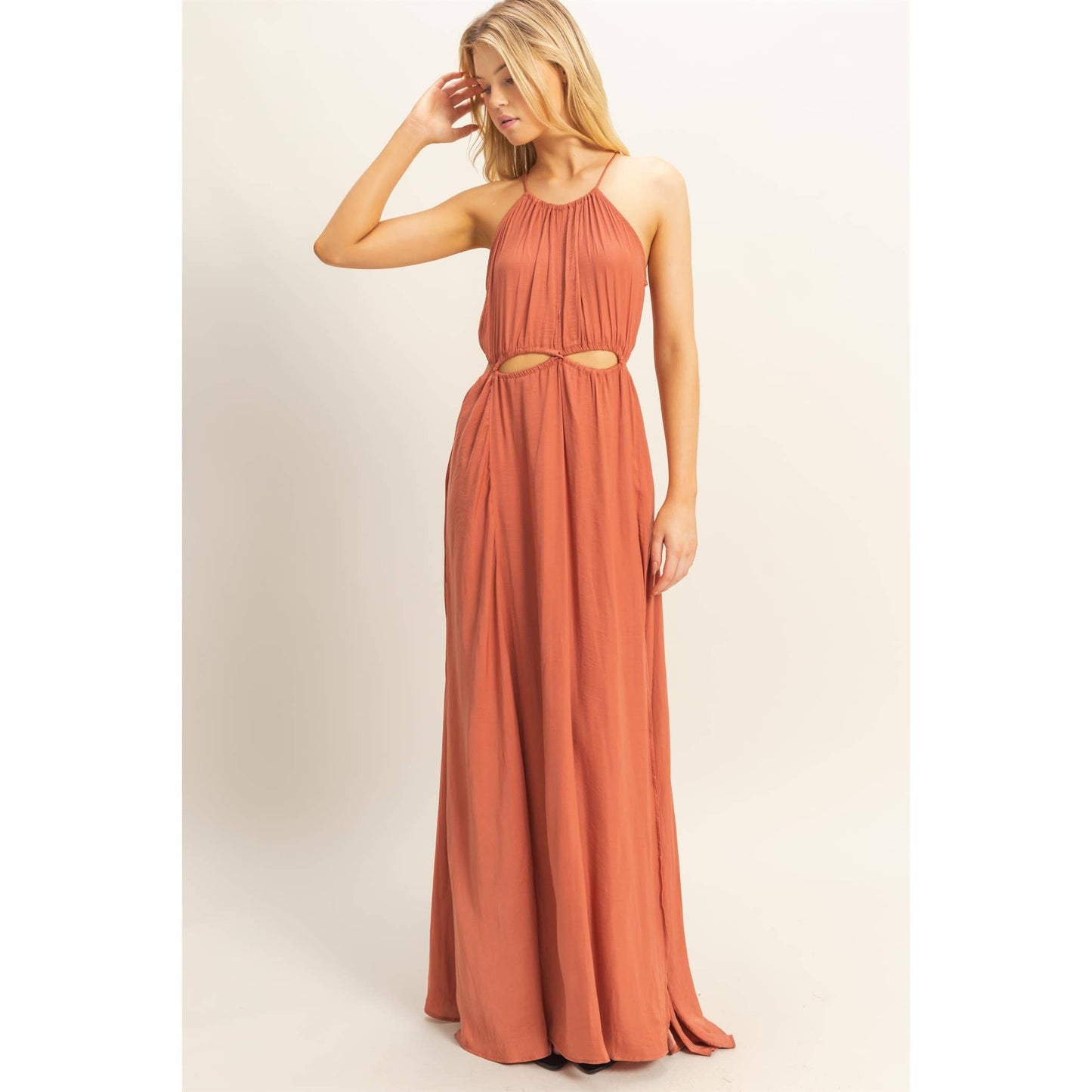 HF25E129-Side Cutout Side Slit Maxi Dress