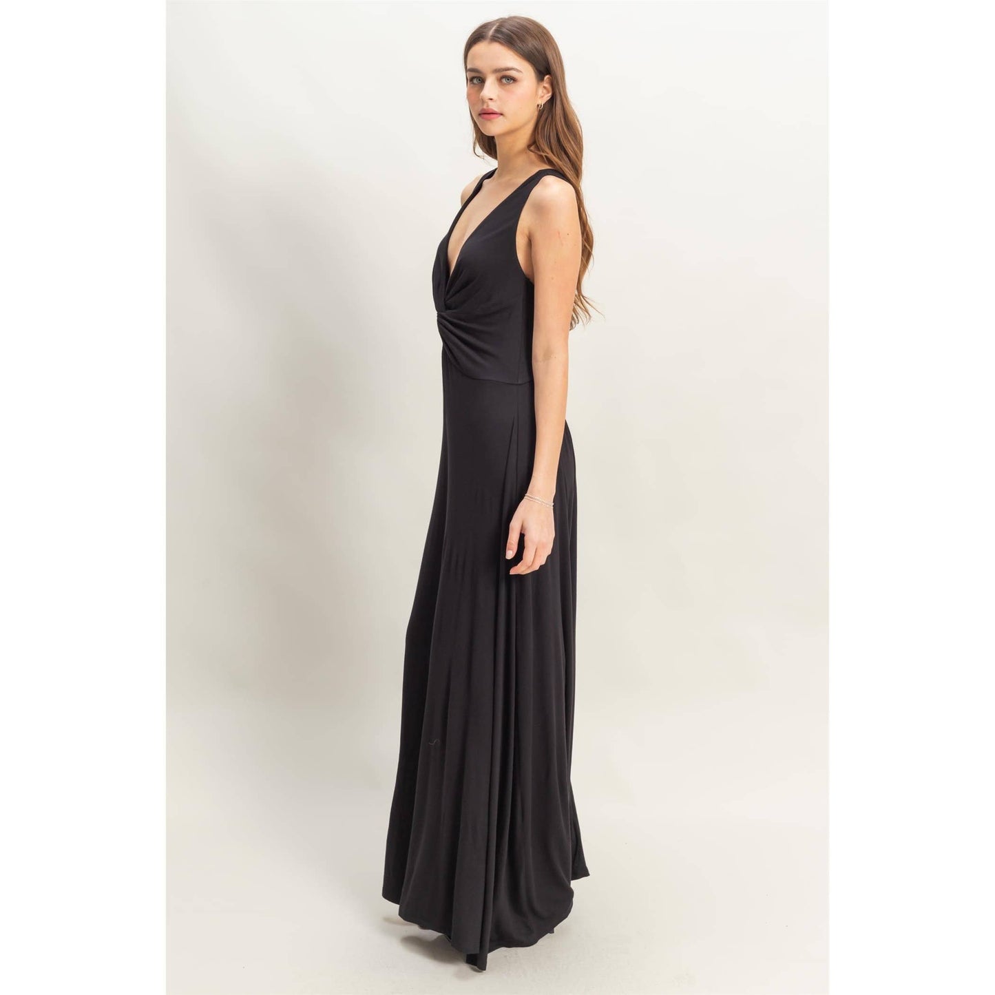 HF25C959-Knotted Bust Sleeveless Jersey Jumpsuit