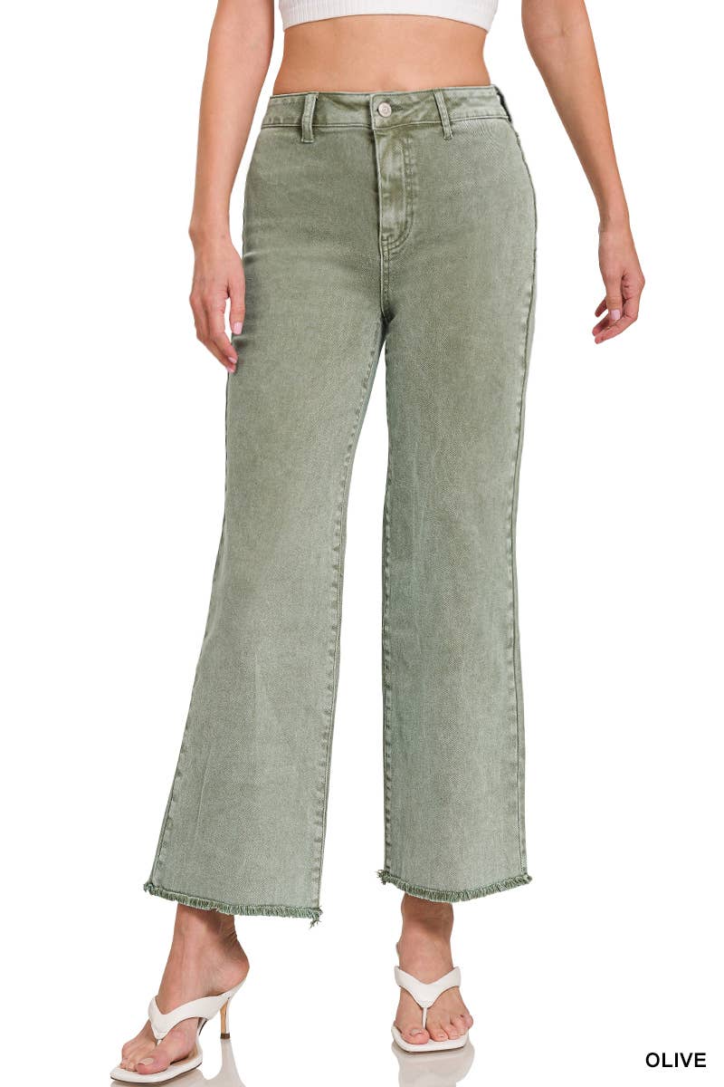 .SI-24919 Acid Washed Frayed Cutoff Hem Straight Wide Pants 0607