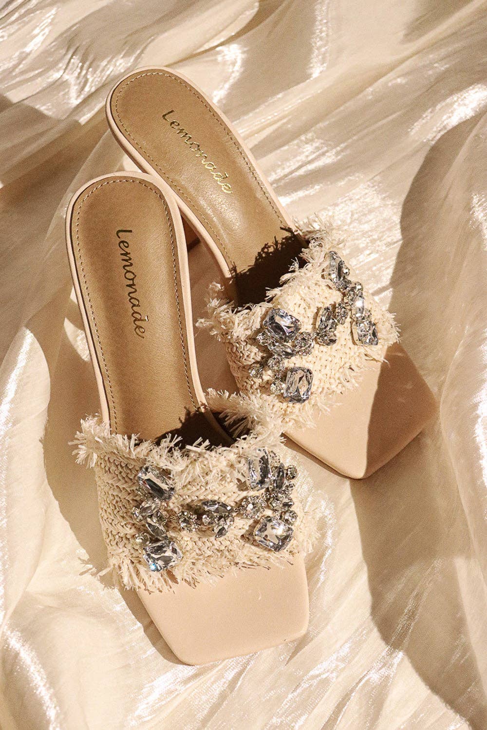 KIDMAN - Raffia Floral Heels, Rhinestone Embellishments