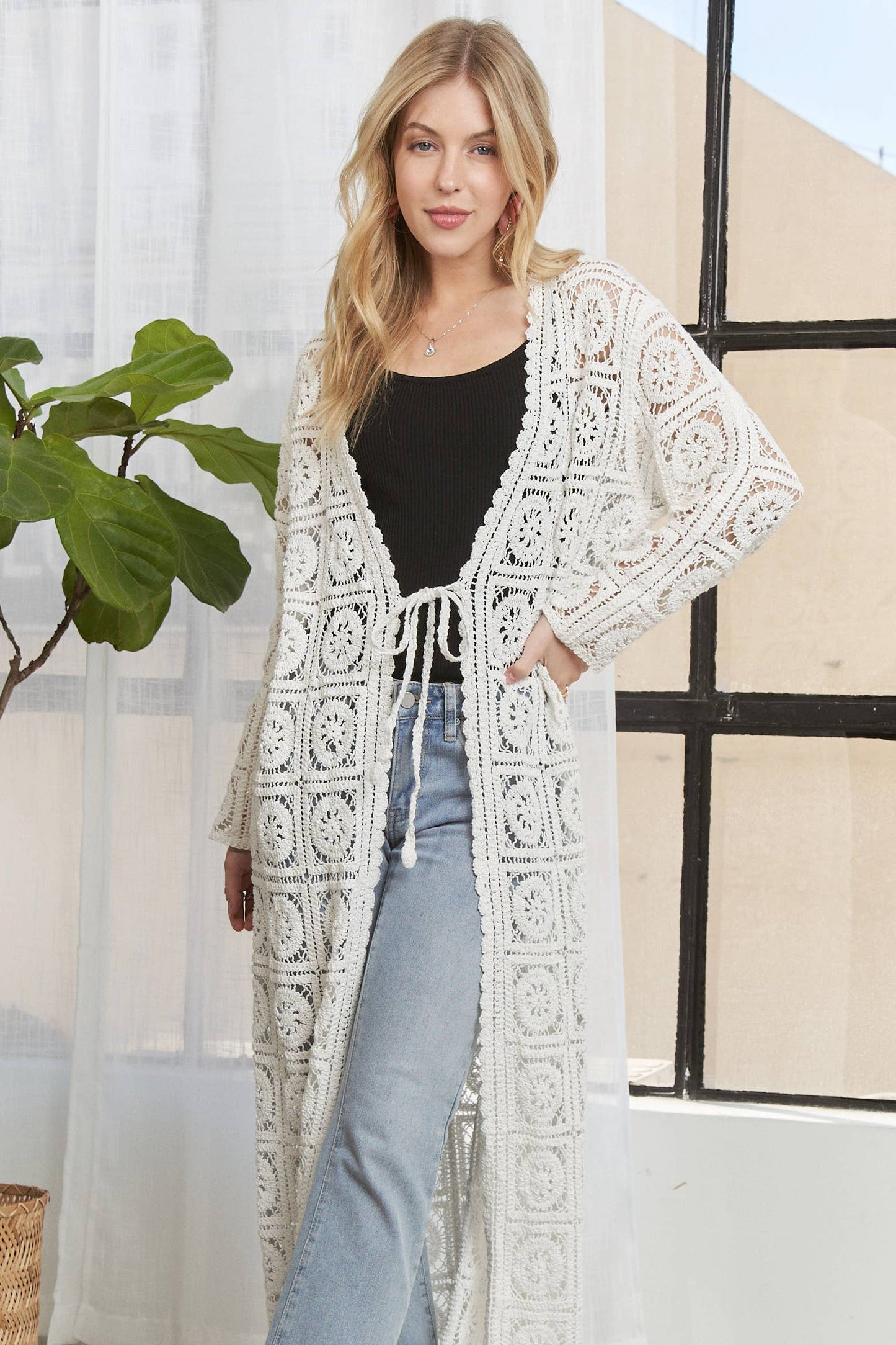 CESW3831- LONG SLEEVES CROCHET ELASTIC CARDIGAN