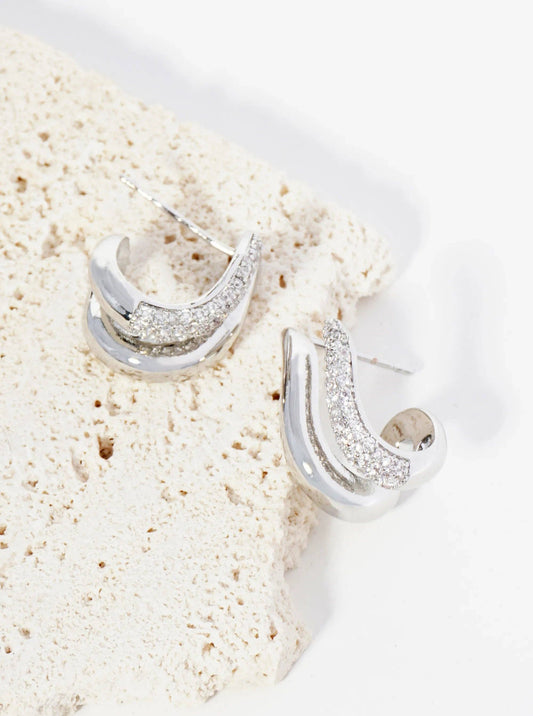 14K Gold Dipped 15mm Pave Set CZ Wavy Double Line Hoop Earrings