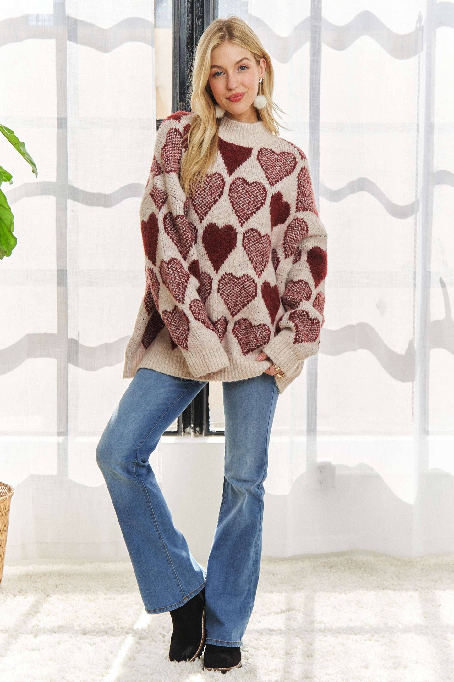 MOCK NECK HEART PRINT PULLOVER SWEATER