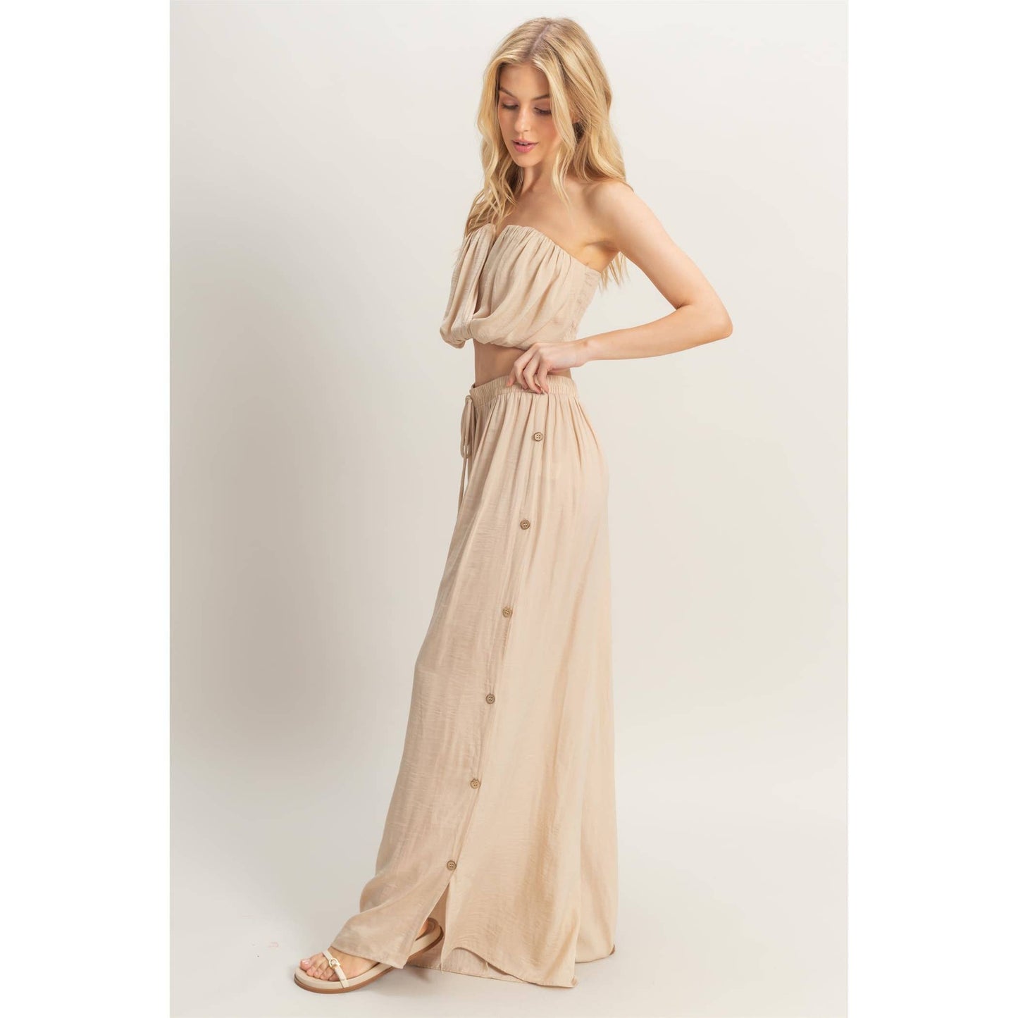 HF25E001-SET-Ruched Top And High Waist Pants Set