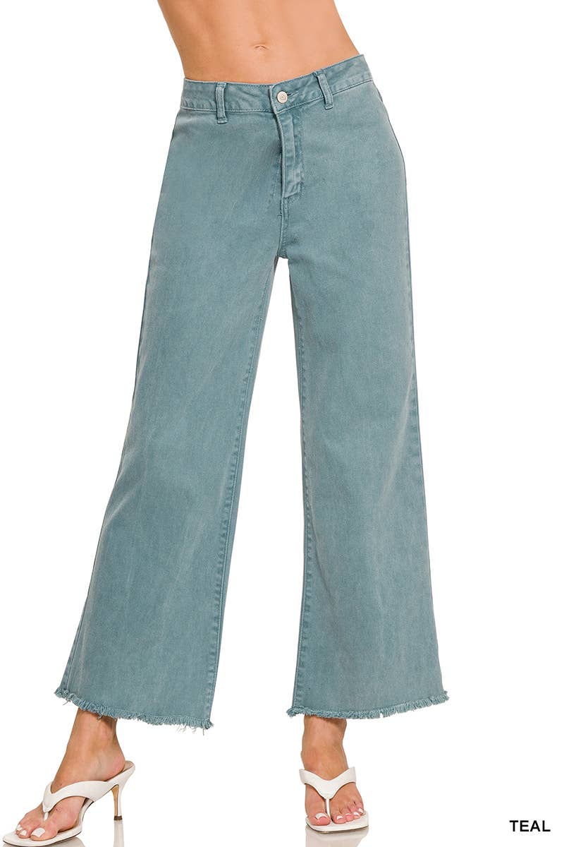 .SI-24919 Acid Washed Frayed Cutoff Hem Straight Wide Pants 0607
