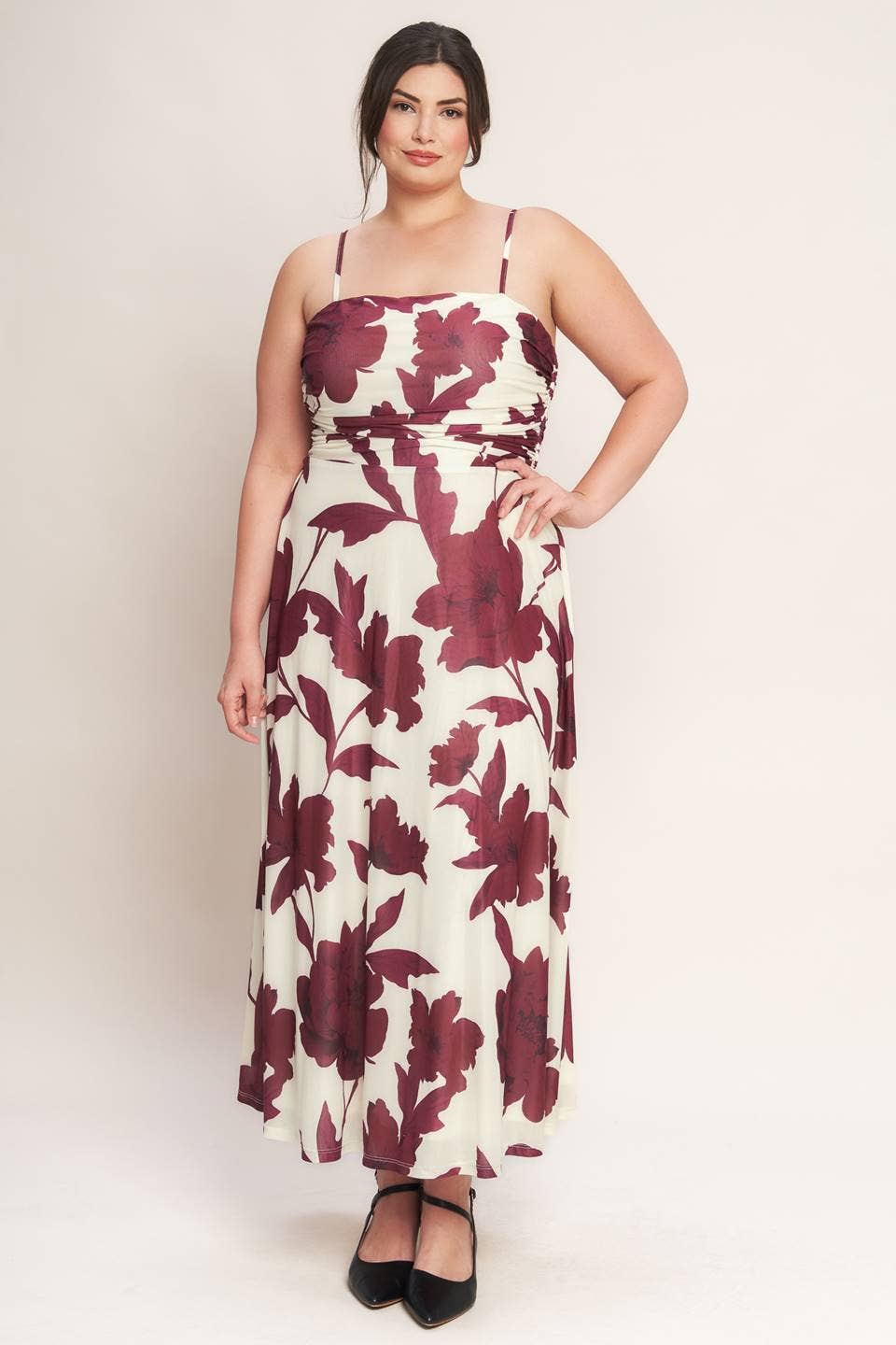 Plus Maroon Floral Mesh Midi Dress