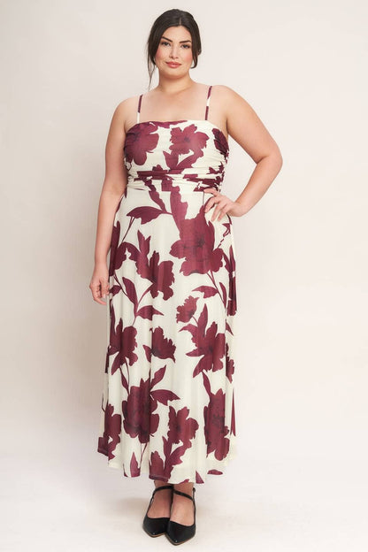 Plus Maroon Floral Mesh Midi Dress