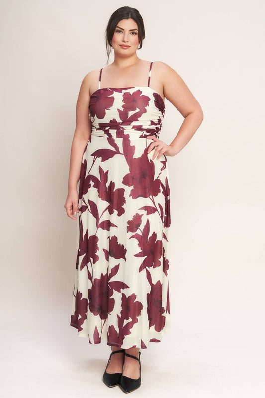 Plus Maroon Floral Mesh Midi Dress
