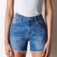 High Rise Trim Midi Stretch Denim Shorts