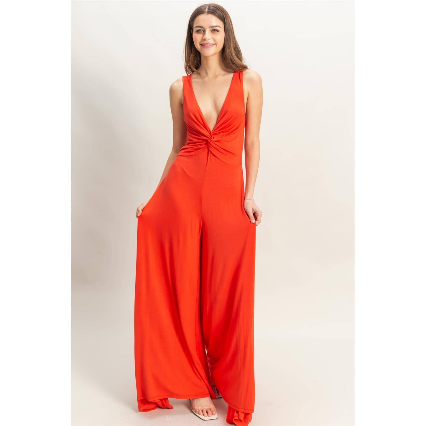 HF25C959-Knotted Bust Sleeveless Jersey Jumpsuit