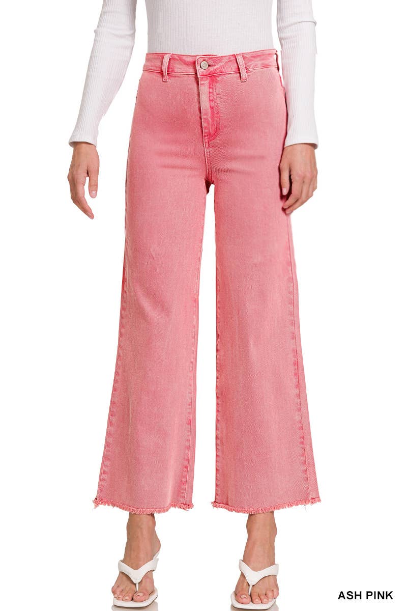 .SI-24919 Acid Washed Frayed Cutoff Hem Straight Wide Pants 0607