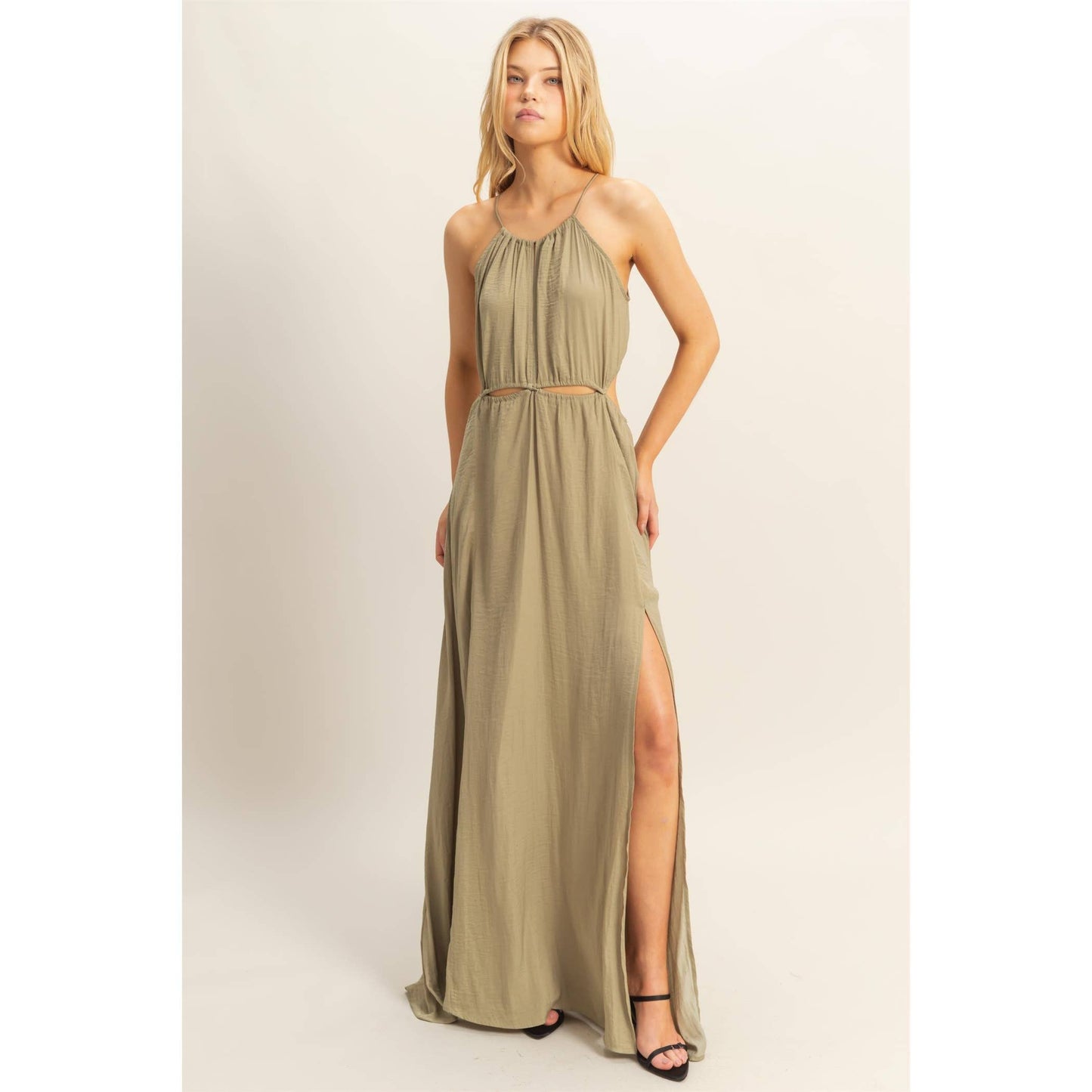 HF25E129-Side Cutout Side Slit Maxi Dress
