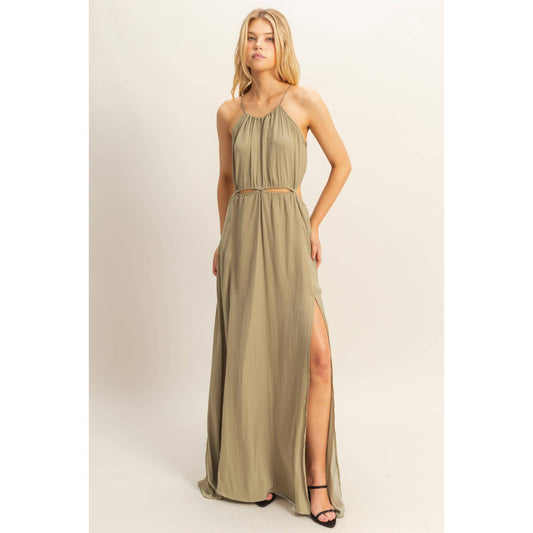 HF25E129-Side Cutout Side Slit Maxi Dress