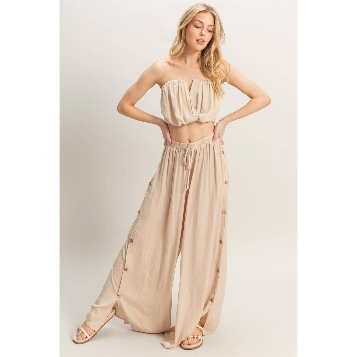HF25E001-SET-Ruched Top And High Waist Pants Set
