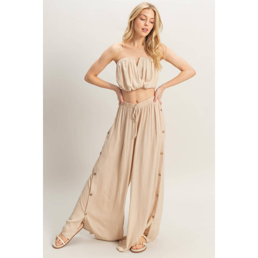 HF25E001-SET-Ruched Top And High Waist Pants Set