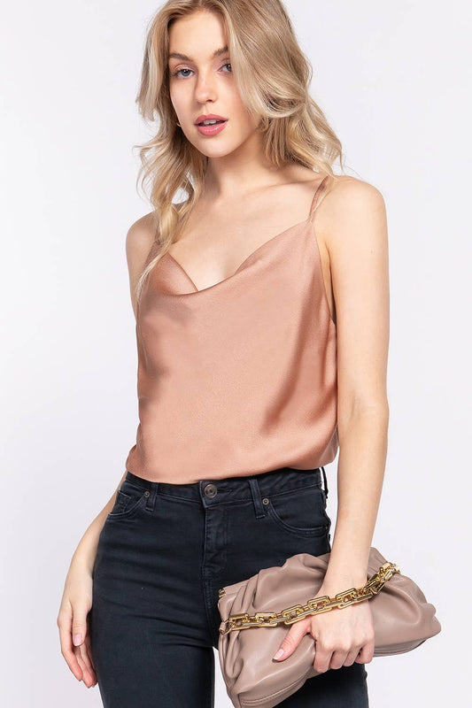 `' SLIM FIT COWL NECK SATIN CAMI TOP