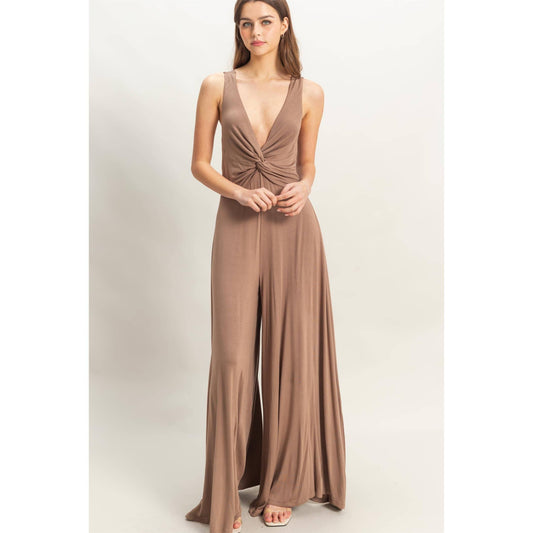 HF25C959-Knotted Bust Sleeveless Jersey Jumpsuit