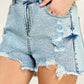 STRETCH HIGH RISE RIPPED FREY HEM DENIM SHORTS