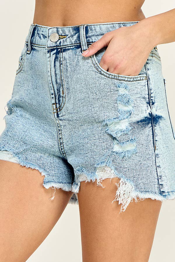 STRETCH HIGH RISE RIPPED FREY HEM DENIM SHORTS