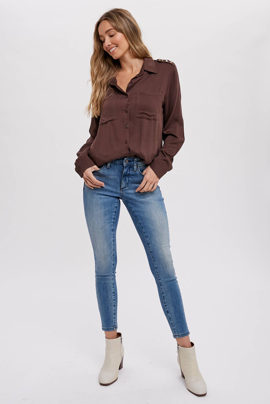 STUDDED EPAULETTE BUTTON UP SHIRT