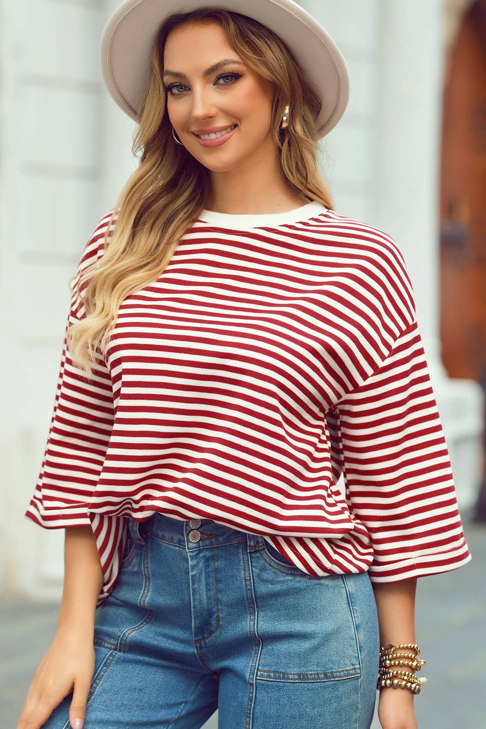 Stripe Bowknot Cutout Back Drop Shoulder Wide Bracelet Tee