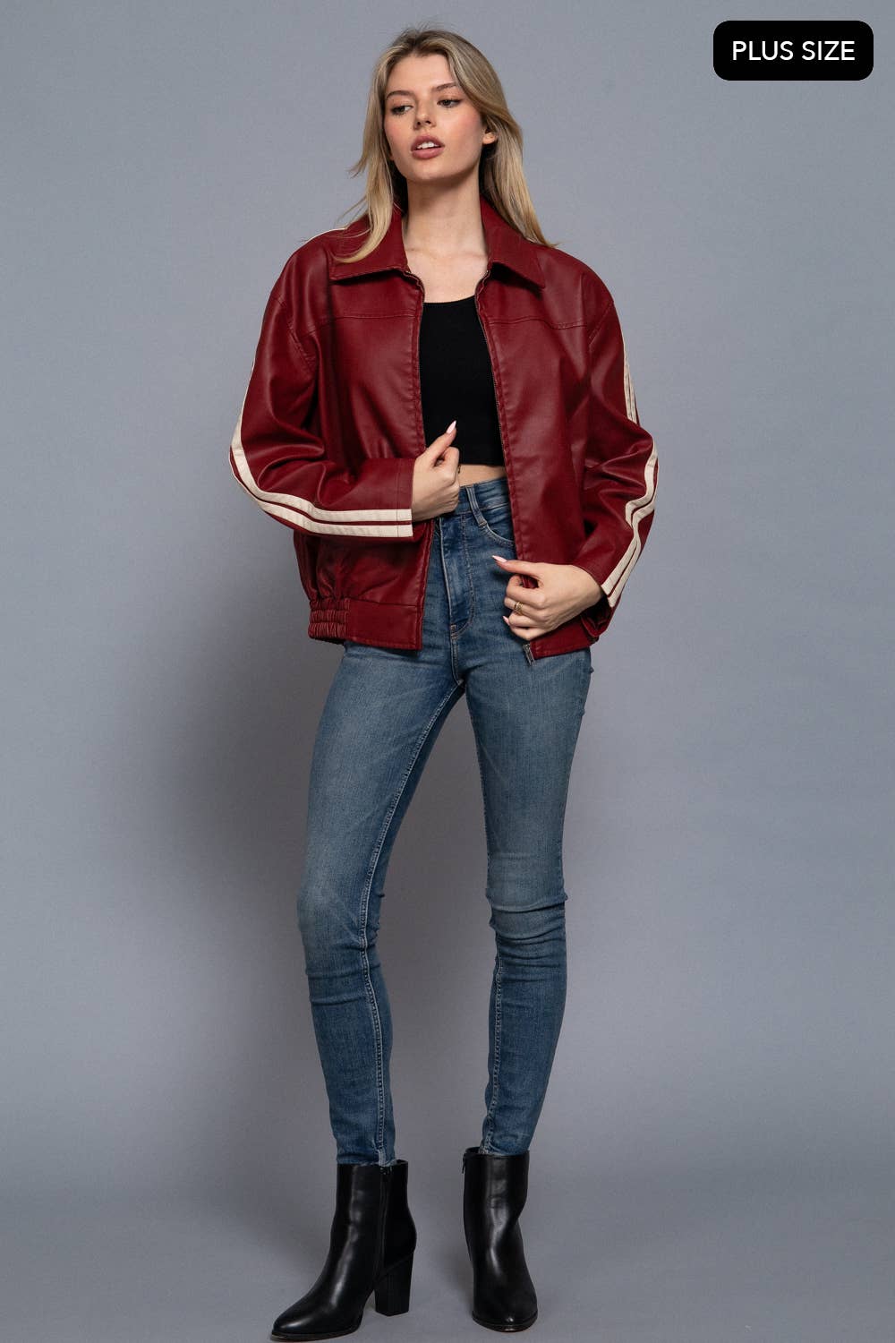 [PLUS SIZE] Long Sleeve Line Detail Faux Leather Jacket