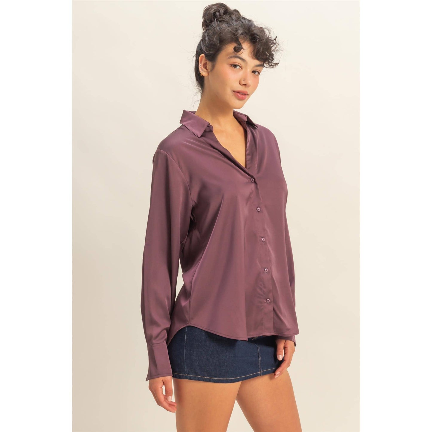 Desiree Smooth Satin Blouse With Collared Neckline