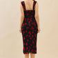 SWEETHEART BUSTIER ROSE PRINT MIDI DRESS